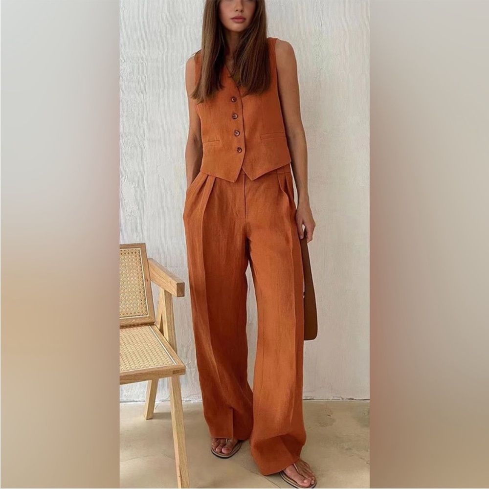 Commense Orange Vest + Pants Set Cotton Linen Two Piece‎ Set XS